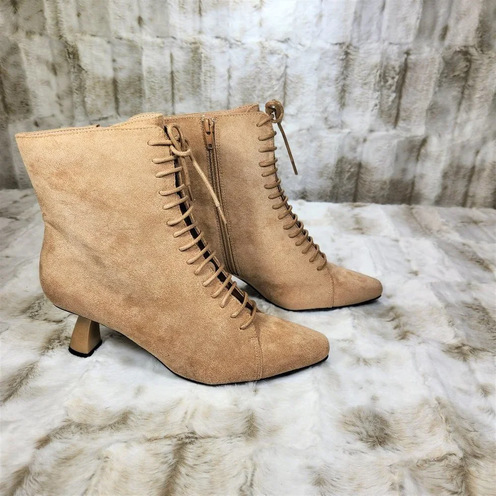 ☆ Adorable Nude Suede 2" Gold Chunky Heel Ankle Bootie - Picture 2 of 7